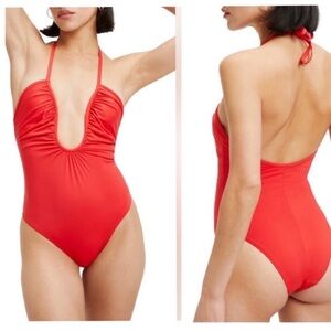 🆕 Good American Leilani Halter Plunging One Piece Swimsuit in Bright Pop